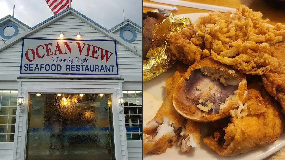Fried seafood plate with sides on display.