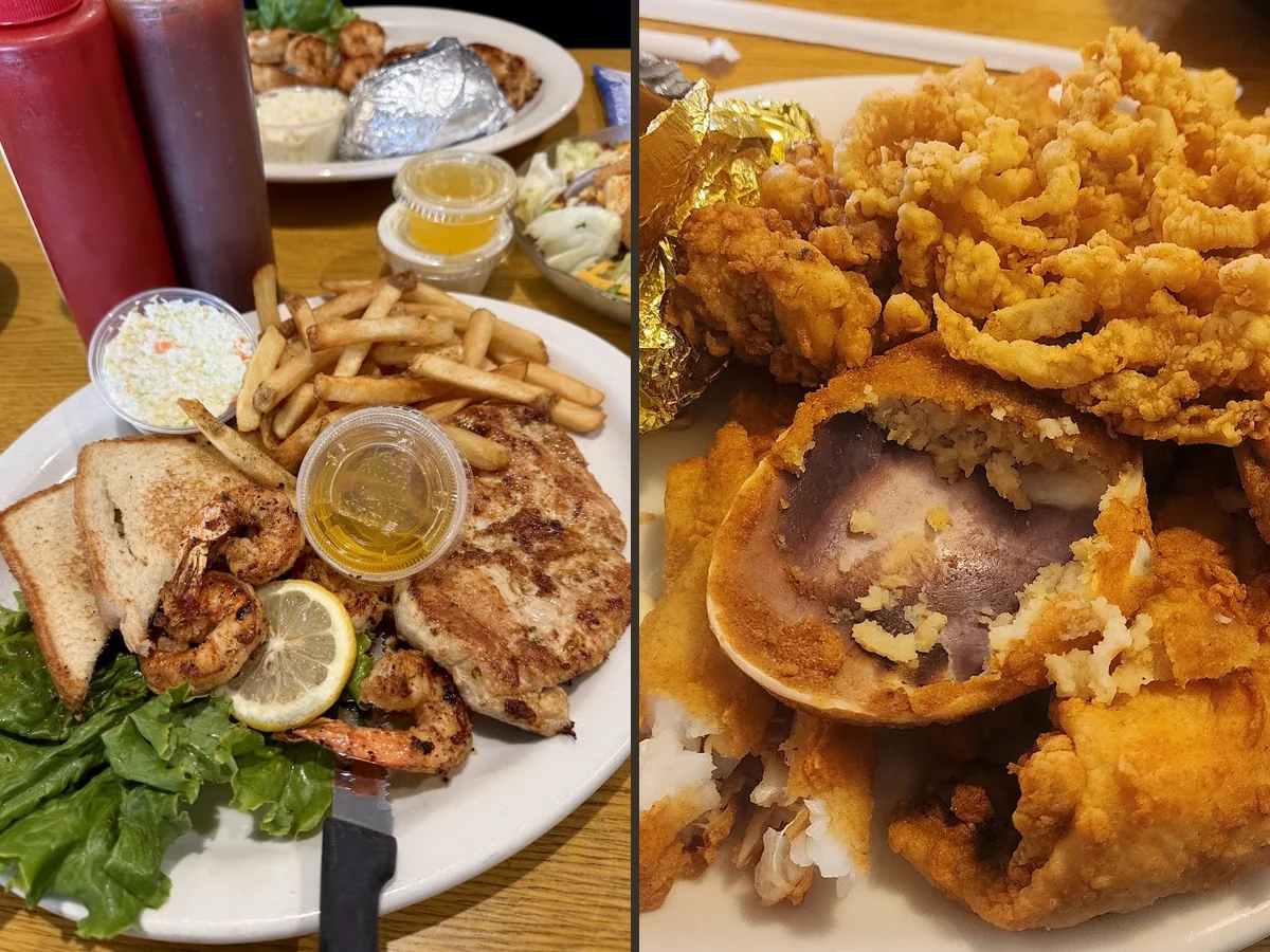 Fried seafood plate with sides on display.